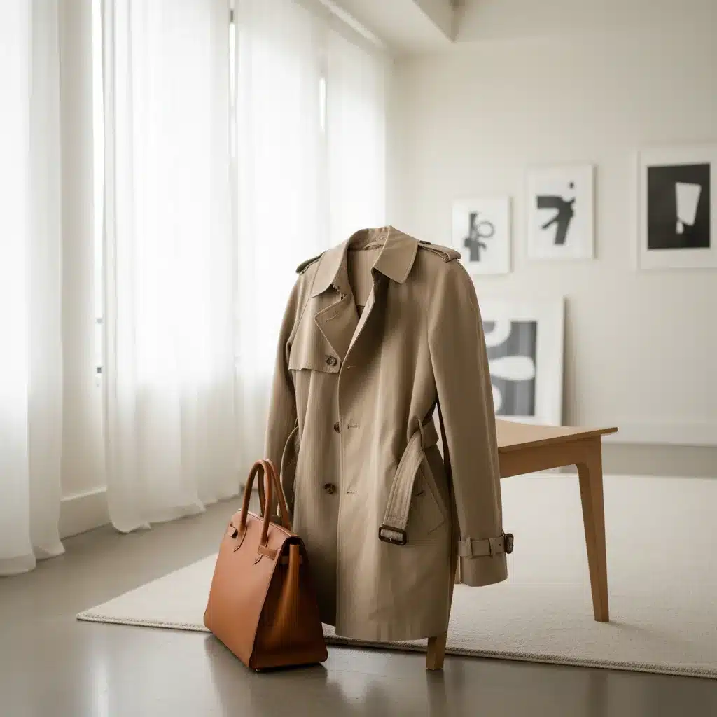 Classic trench coat and luxury leather handbag, symbolizing enduring style and quality.