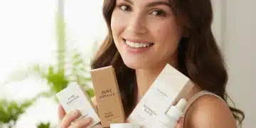 Woman smiling with clean beauty products, natural light