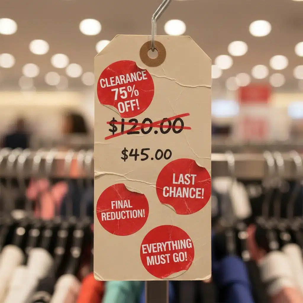 Close-up of a clearance price tag with multiple discount stickers