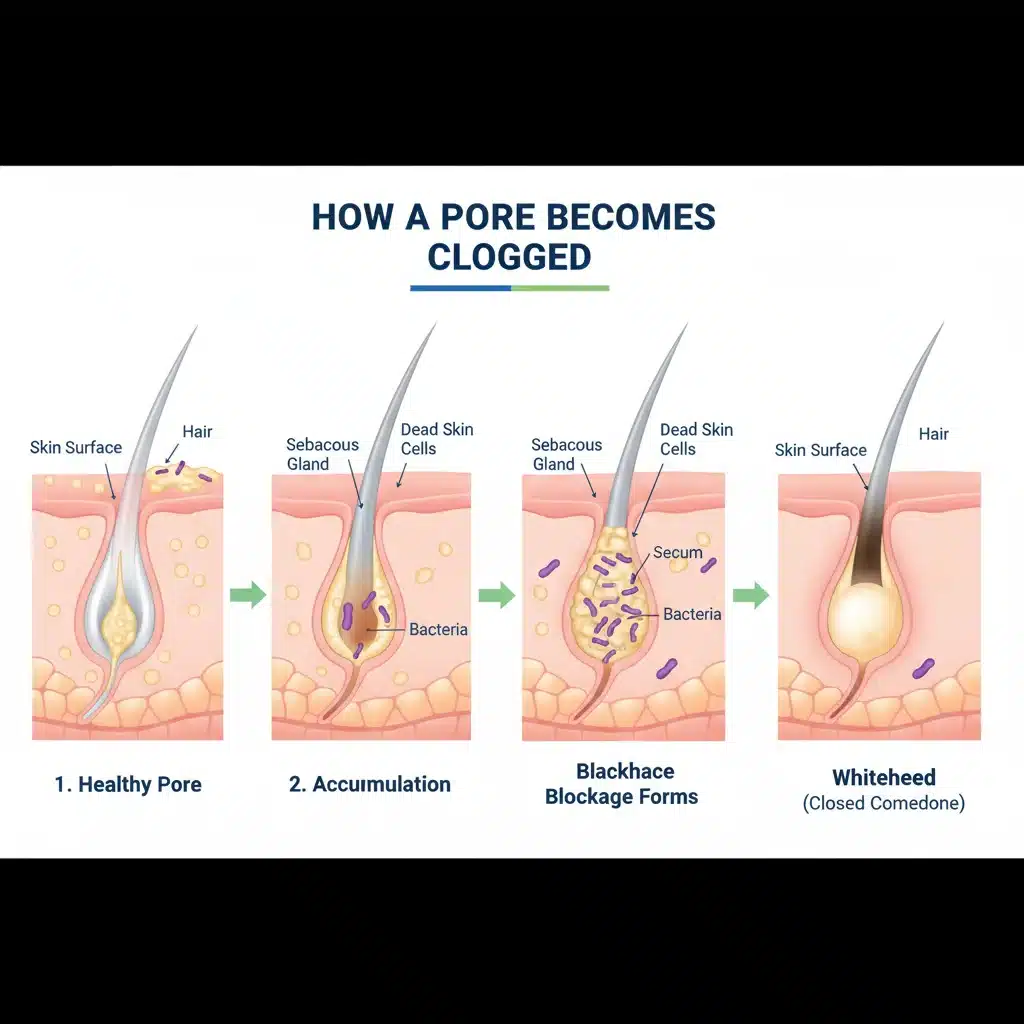 Infographic showing a clogged pore, illustrating the formation of acne and comedones.