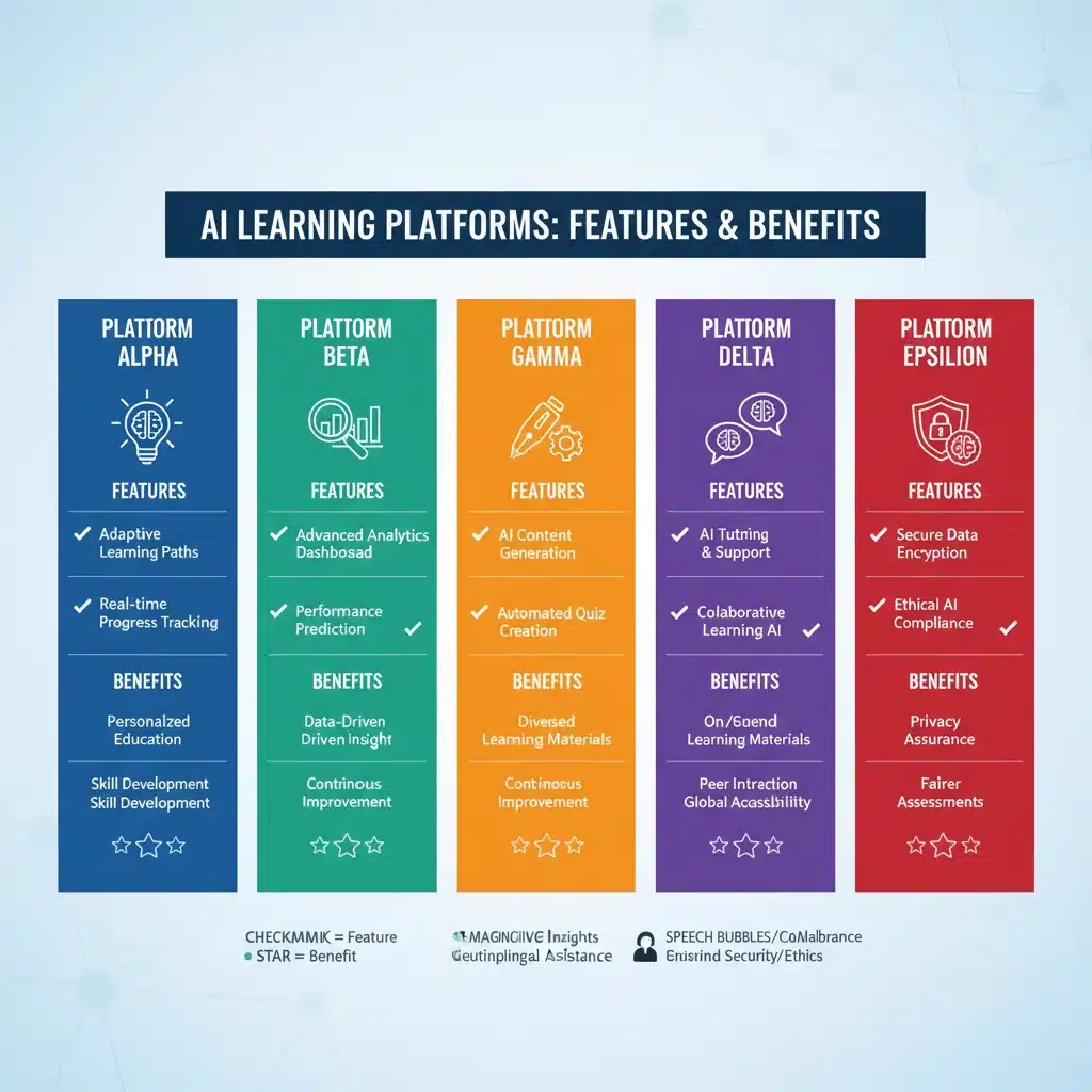 Infographic comparing key features of leading AI learning platforms for higher education, including adaptive learning and data analytics.