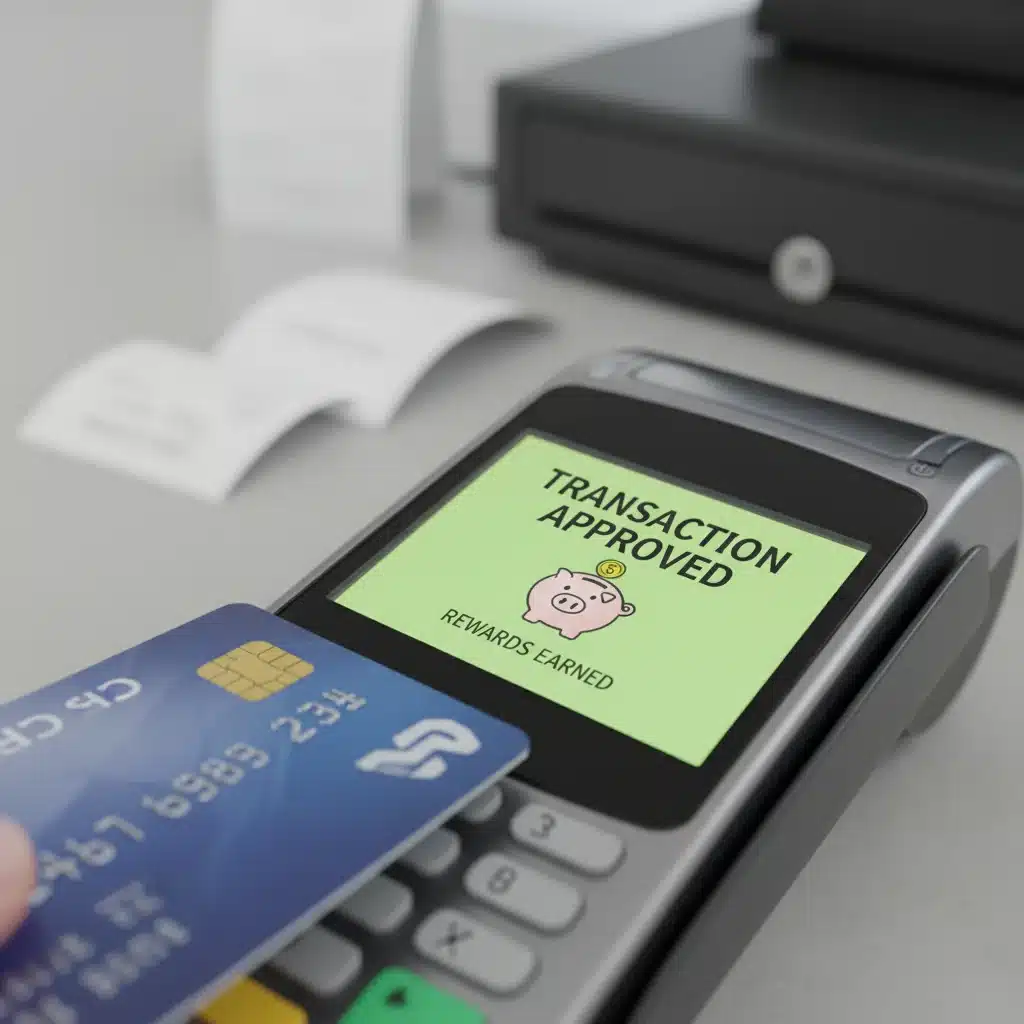 Credit card being inserted into a POS terminal, indicating transaction approval and rewards.