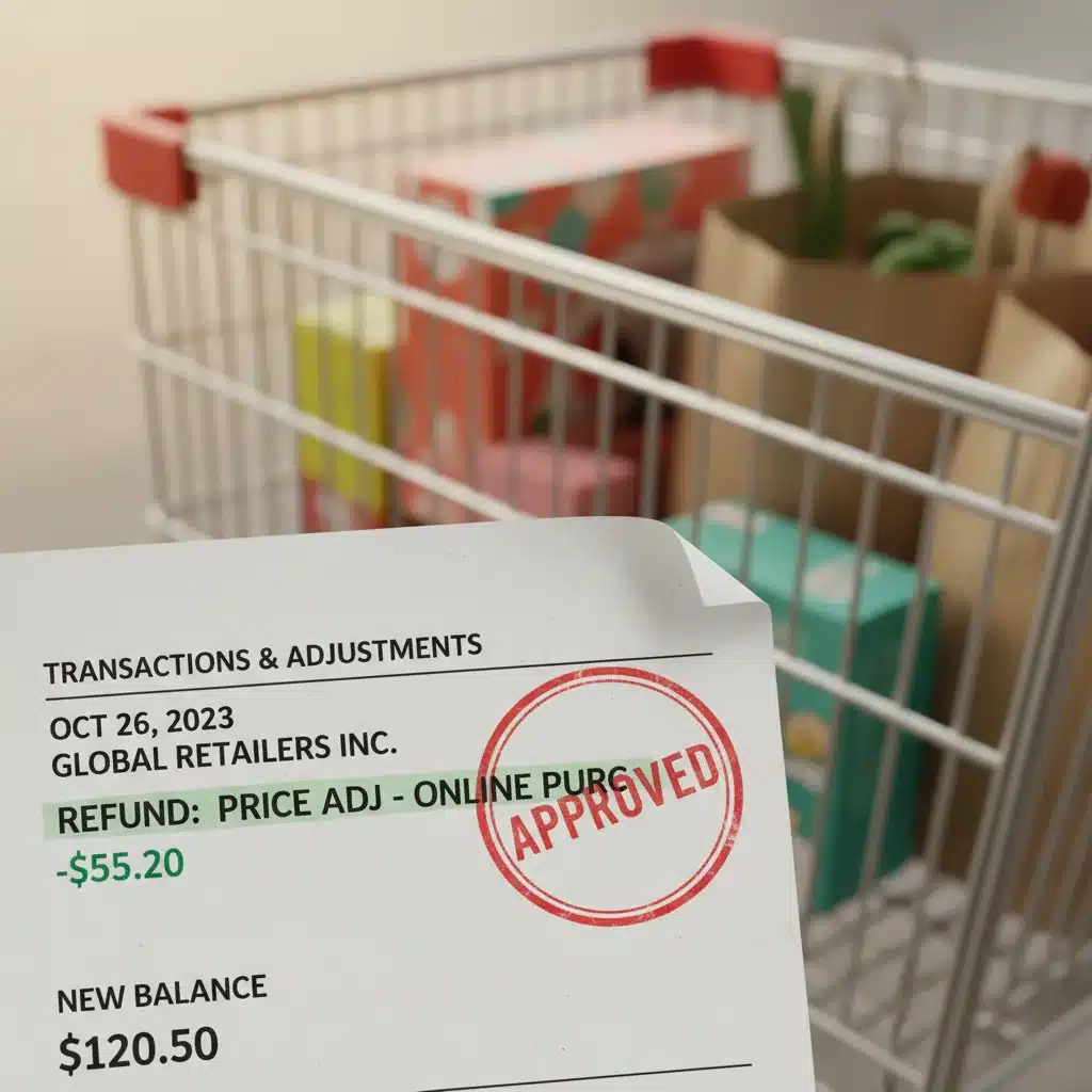 Credit card statement showing a price adjustment refund