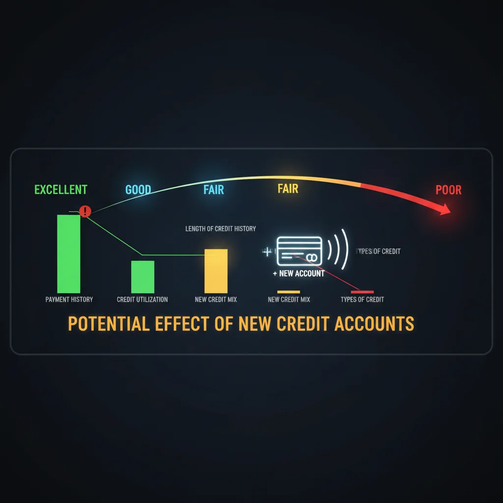 Credit score meter showing impact of new credit accounts on financial health