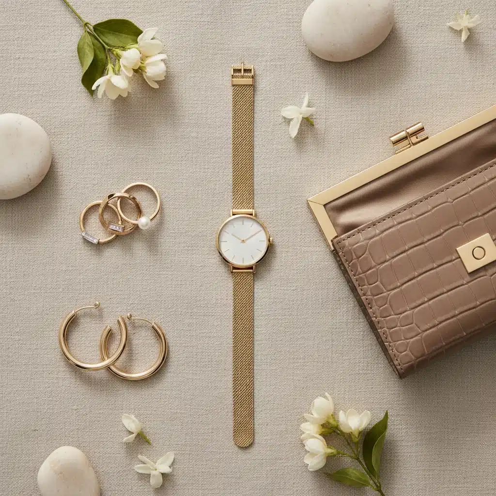 Curated collection of minimalist gold jewelry and an elegant clutch