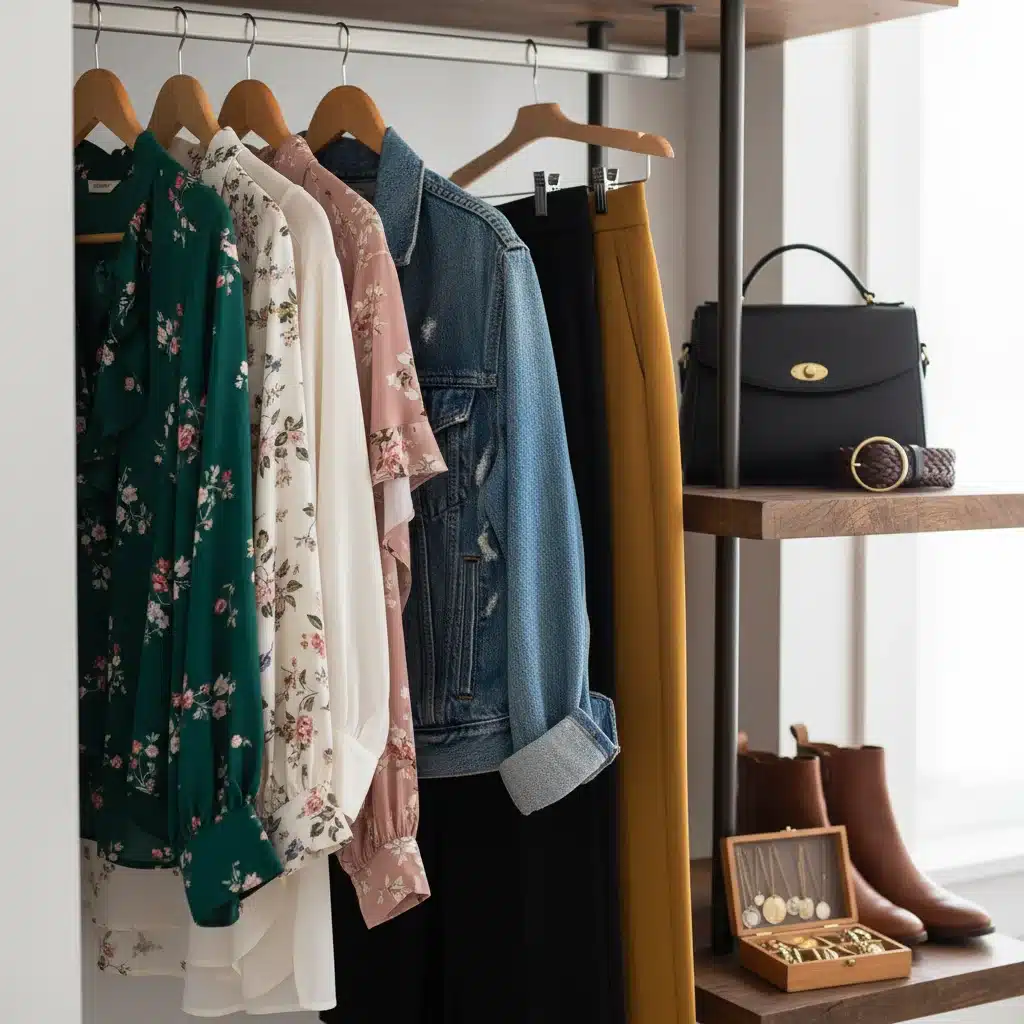 Curated wardrobe showing a harmonious mix of vintage and modern clothing items