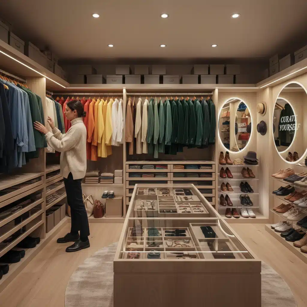 Organized walk-in closet with curated clothing and accessories, reflecting intentional wardrobe choices.