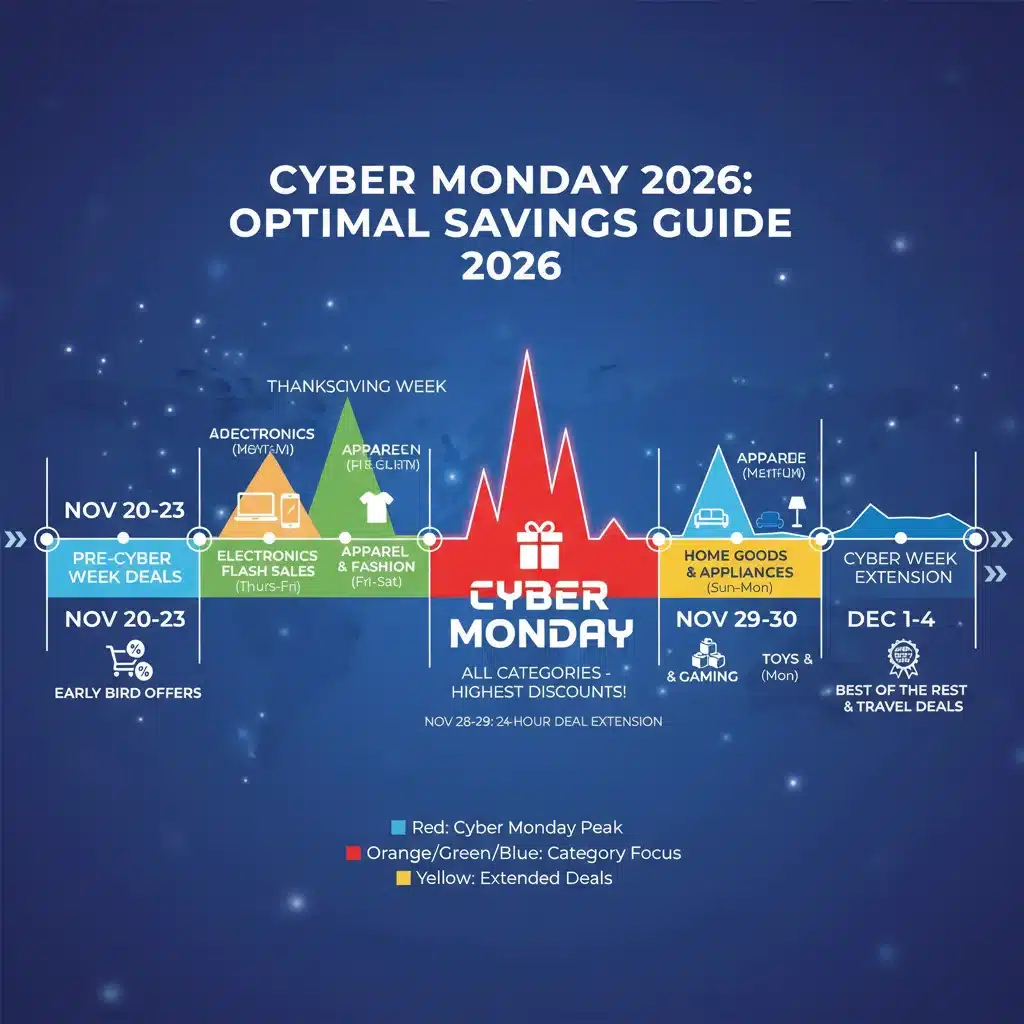 Cyber Monday 2026 shopping timeline with optimal buying windows