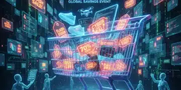 Futuristic shopping cart with glowing discount tags for Cyber Monday 2026