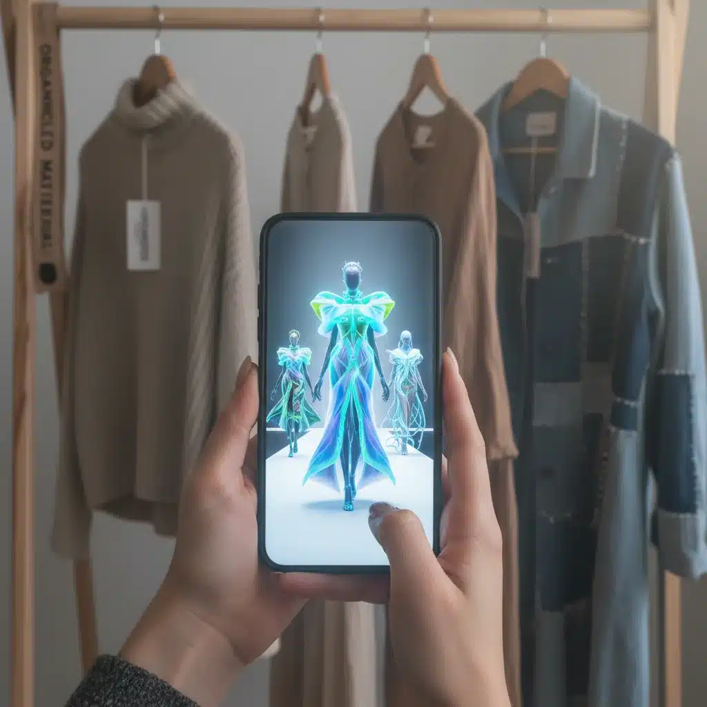 Digital fashion showcase on a smartphone juxtaposed with sustainable physical clothing