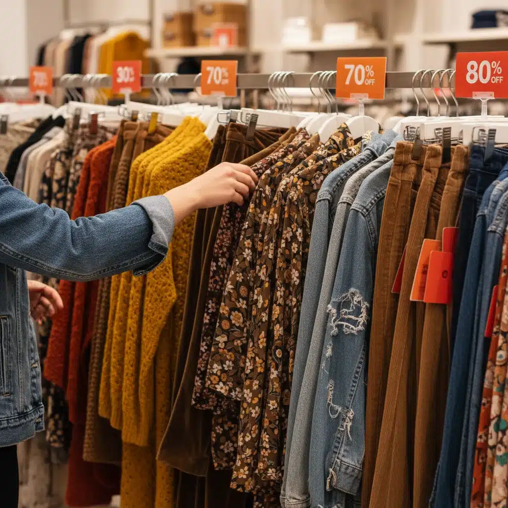 Hand browsing through clothes with large discount tags during sale