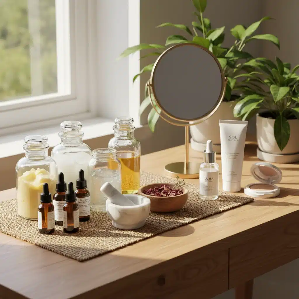 DIY clean beauty ingredients and store-bought staples on vanity