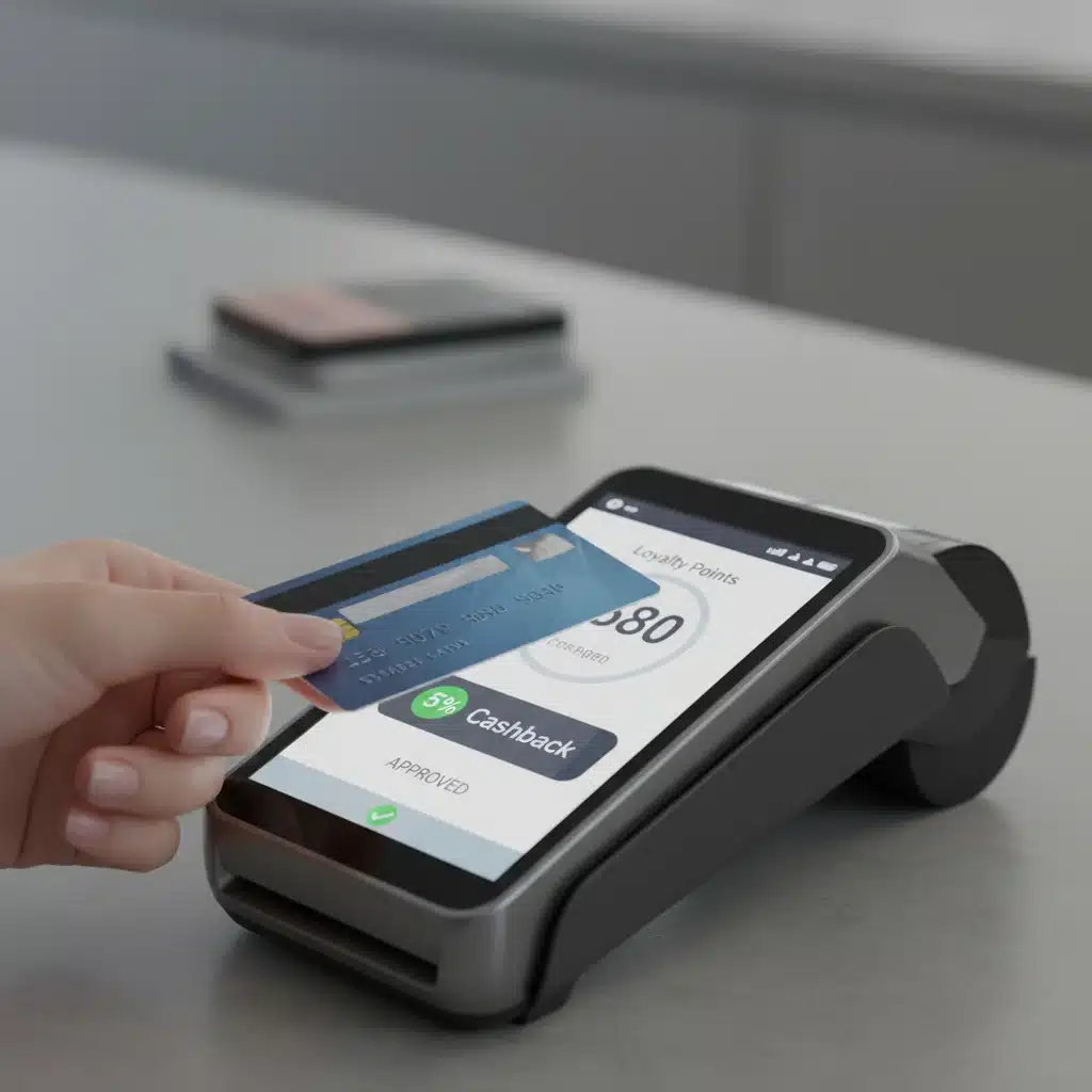 Hand tapping credit card on POS terminal, showing loyalty points accumulation.
