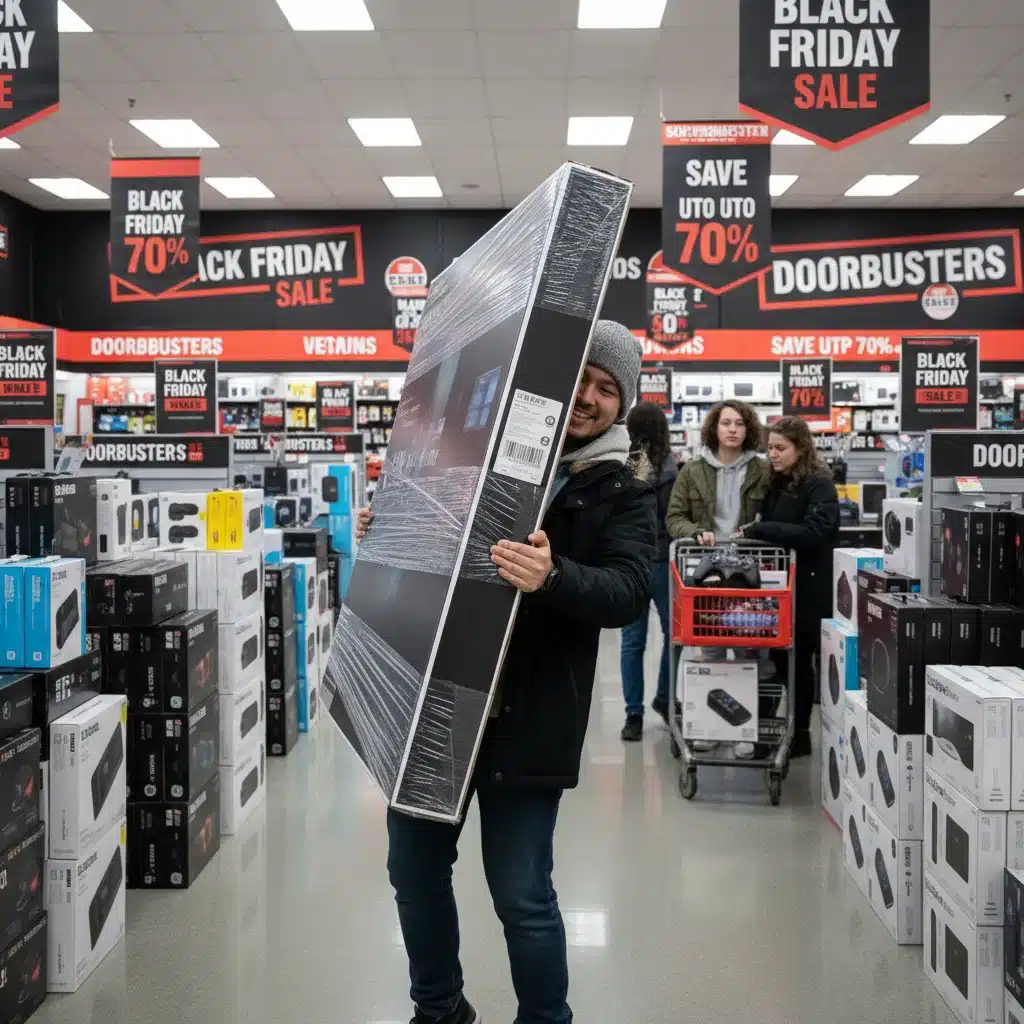 Shopper excited about a new TV during a Black Friday sale, surrounded by electronics.