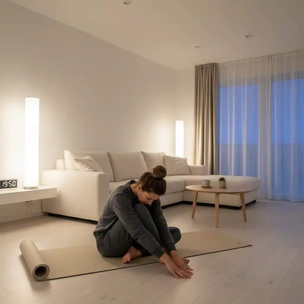 Person performing gentle evening stretches in a minimalist living room for a 10-minute routine.