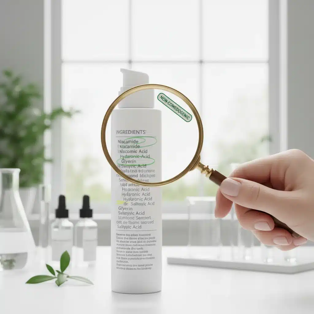 Magnifying glass examining a skincare product ingredient list, focusing on non-comedogenic components.