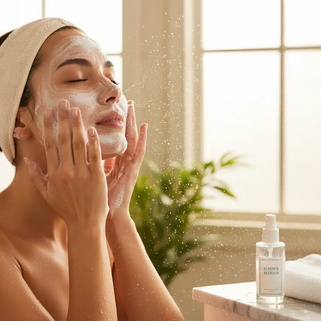 Person cleansing face with foaming cleanser, refreshing summer routine