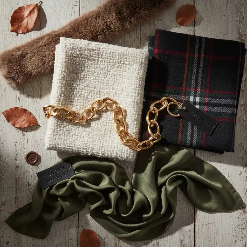 Flat lay of Fall 2026 fashion textures and colors