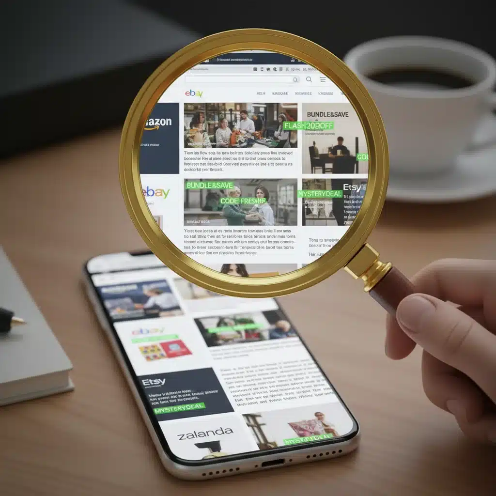 Magnifying glass over phone screen showing hidden online deals