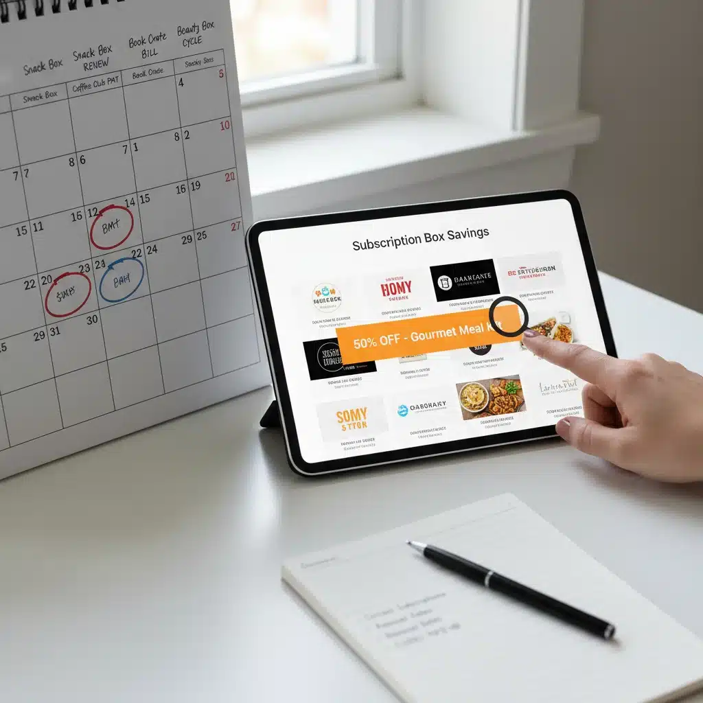 Calendar with renewal dates and tablet showing subscription box discounts