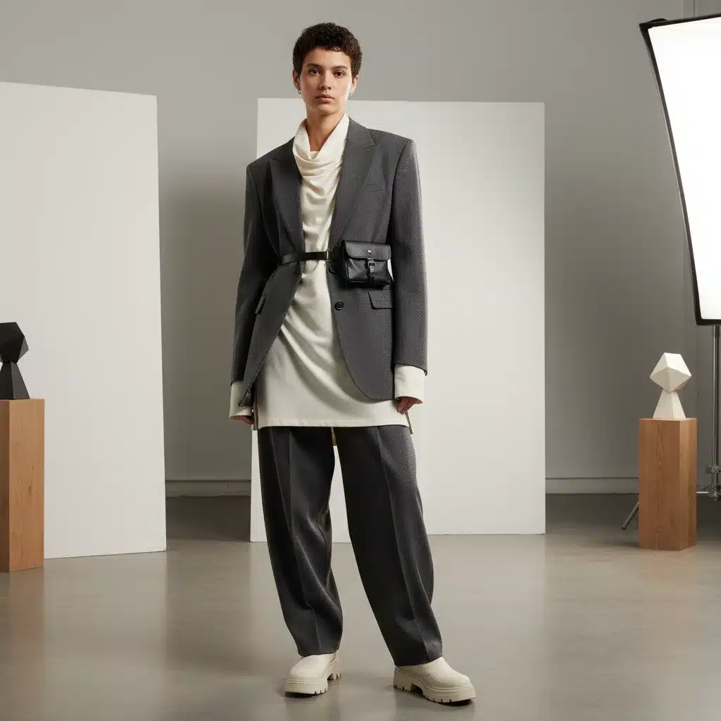 Gender-neutral fashion on a non-binary model in a minimalist studio