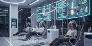 Futuristic salon with advanced hair analysis and personalized treatment technologies