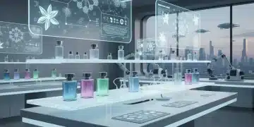 Futuristic perfume laboratory with sustainable and AI-driven fragrance innovations for 2026.