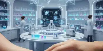Futuristic skincare lab with glowing vials and hand applying advanced moisturizer