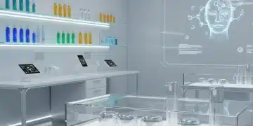 Futuristic skincare lab with glowing serums and advanced products
