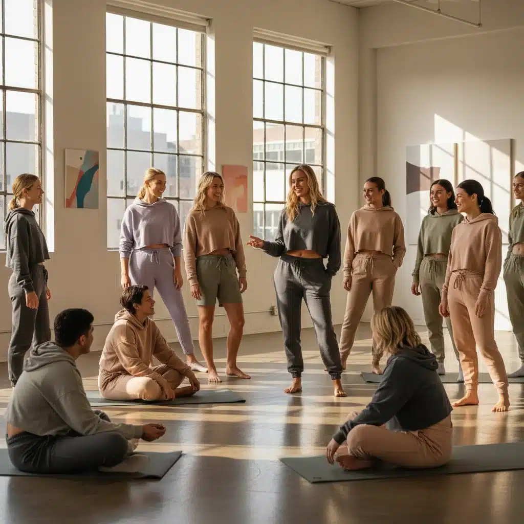 Diverse group wearing gender-neutral athleisure in a modern studio.