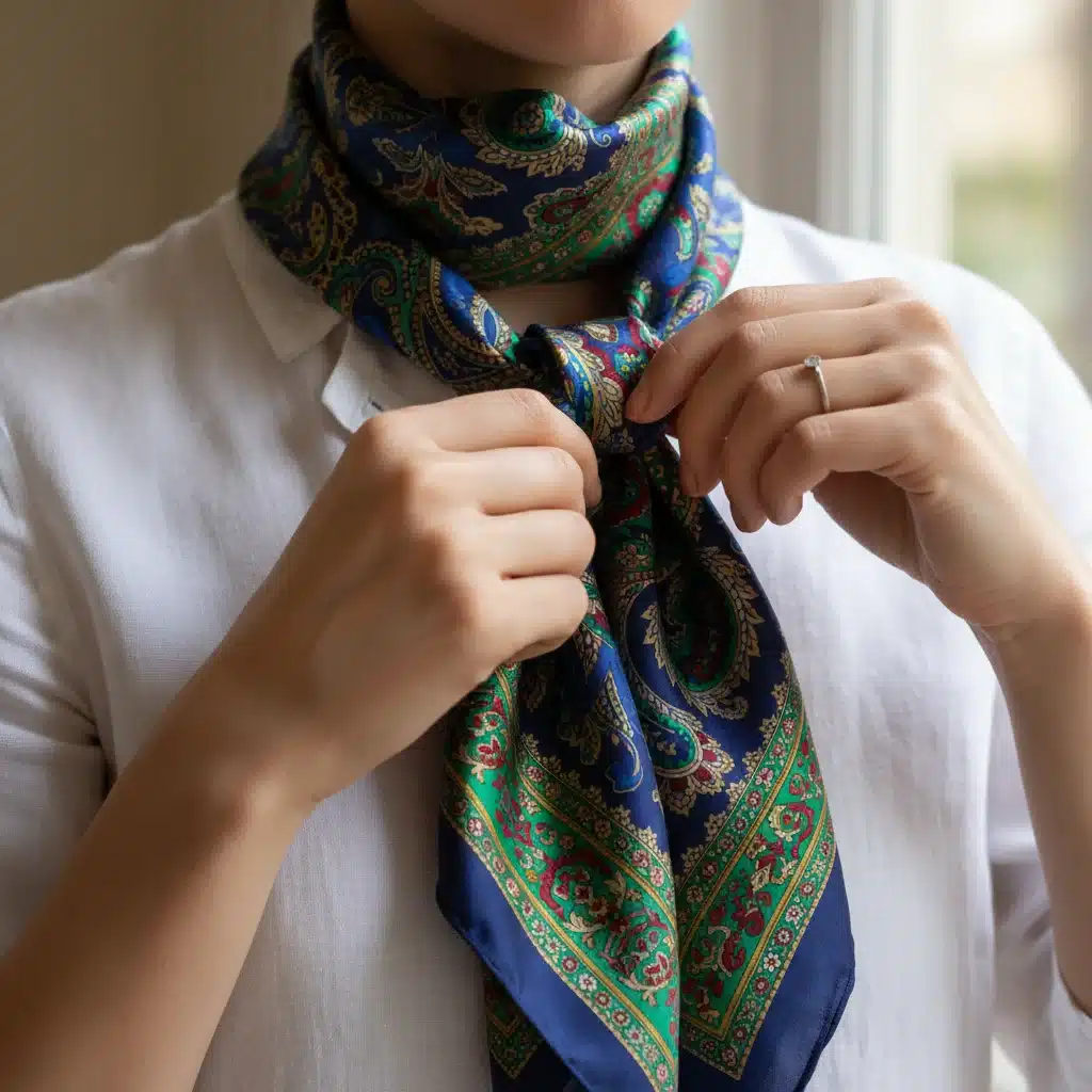 Hands adjusting a vibrant silk scarf on a simple white shirt