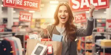 Person happy with shopping bags from a 70% off clearance sale
