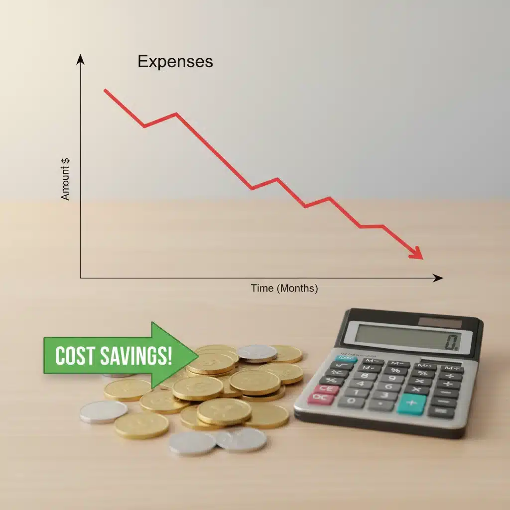 Graph showing reduced healthcare expenses with calculator and coins