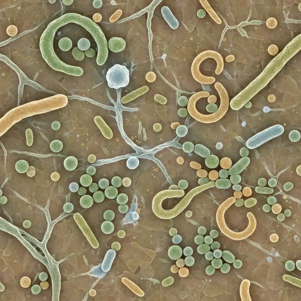 Microscopic view of a healthy skin microbiome with diverse microorganisms