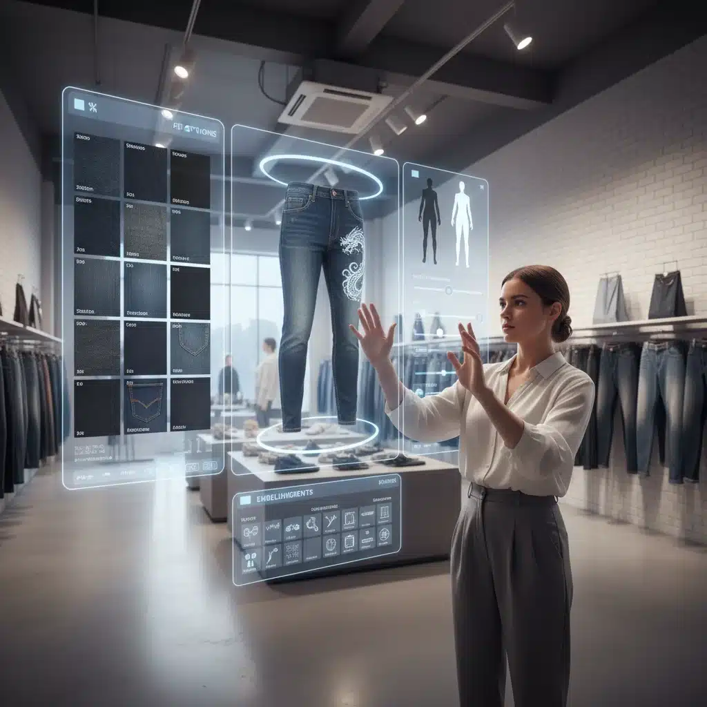 Person using holographic interface for personalized denim design