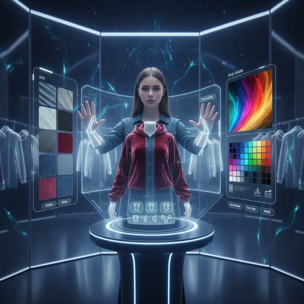 User designing custom clothing via holographic interface, showcasing interactive fashion customization