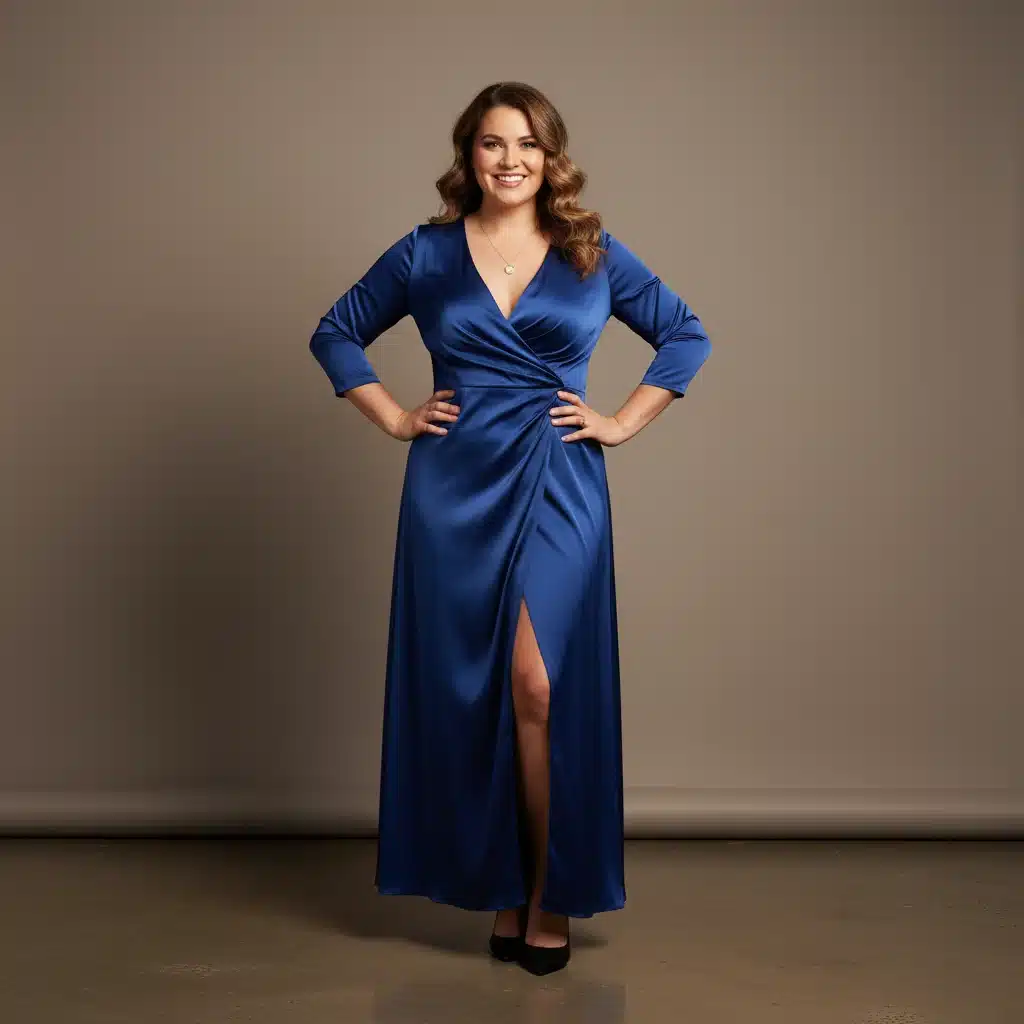 Confident woman with hourglass figure in a tailored wrap dress.
