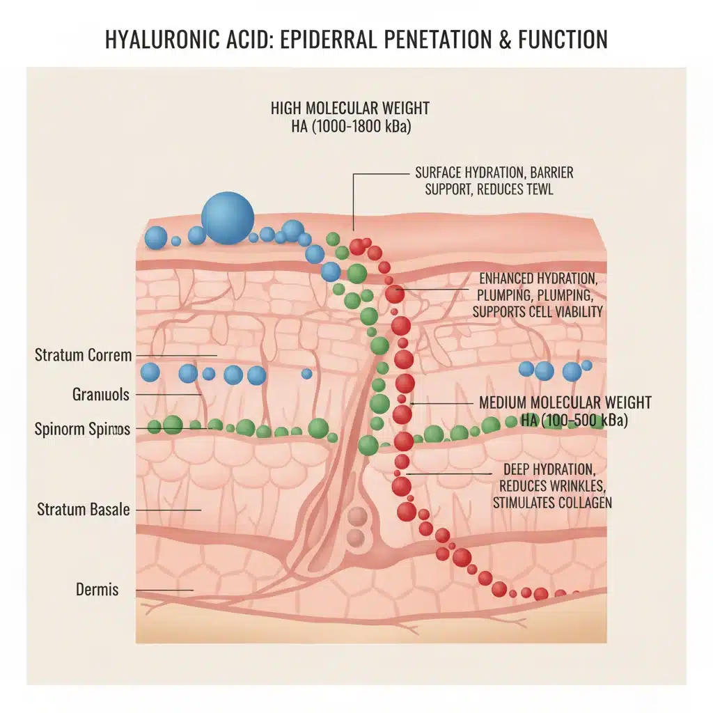 Diagram showing various molecular weights of hyaluronic acid penetrating skin layers.