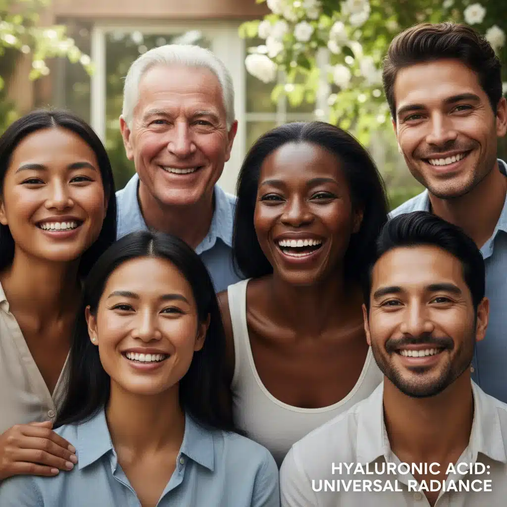 Diverse people with healthy, hydrated skin, demonstrating hyaluronic acid's universal benefits.