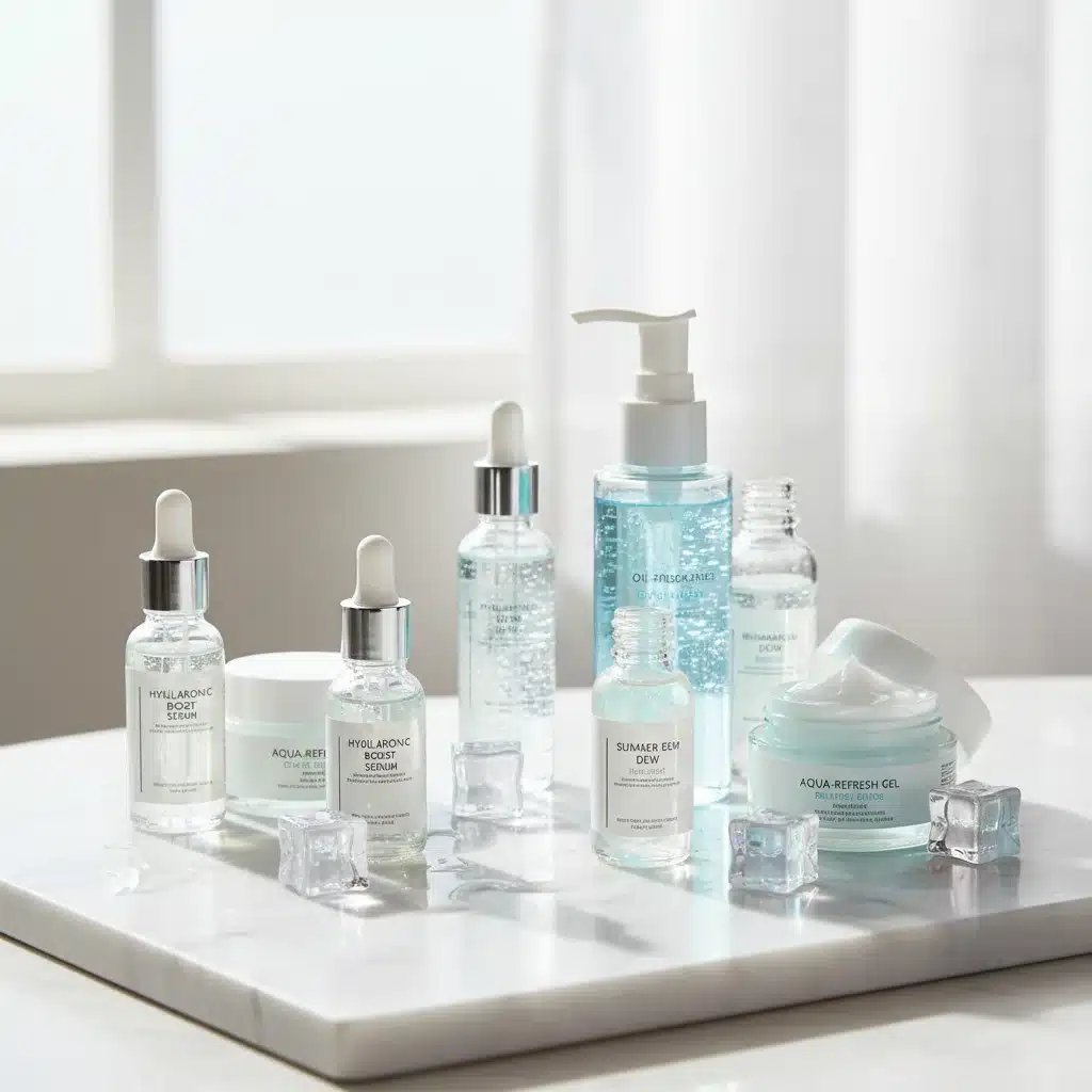 Collection of lightweight hydrating serums and moisturizers for summer