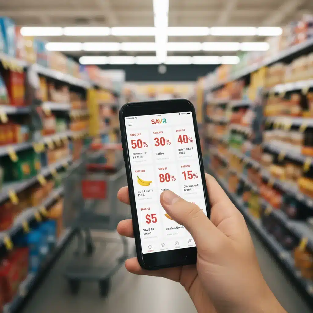 Person using shopping deal app in a grocery store