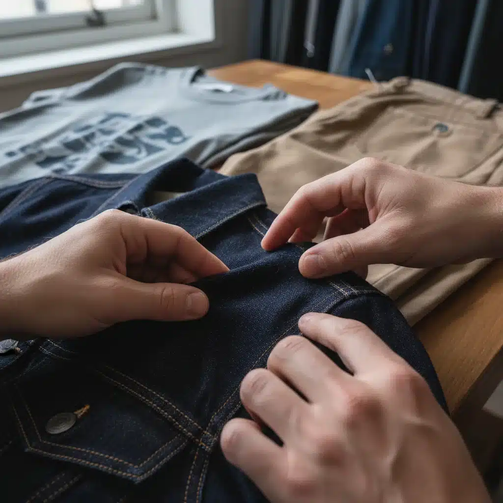 Hands examining fabric quality and stitching of a high-quality garment