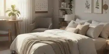 Bedroom with crisp white bedding and sunlight, representing January White Sales