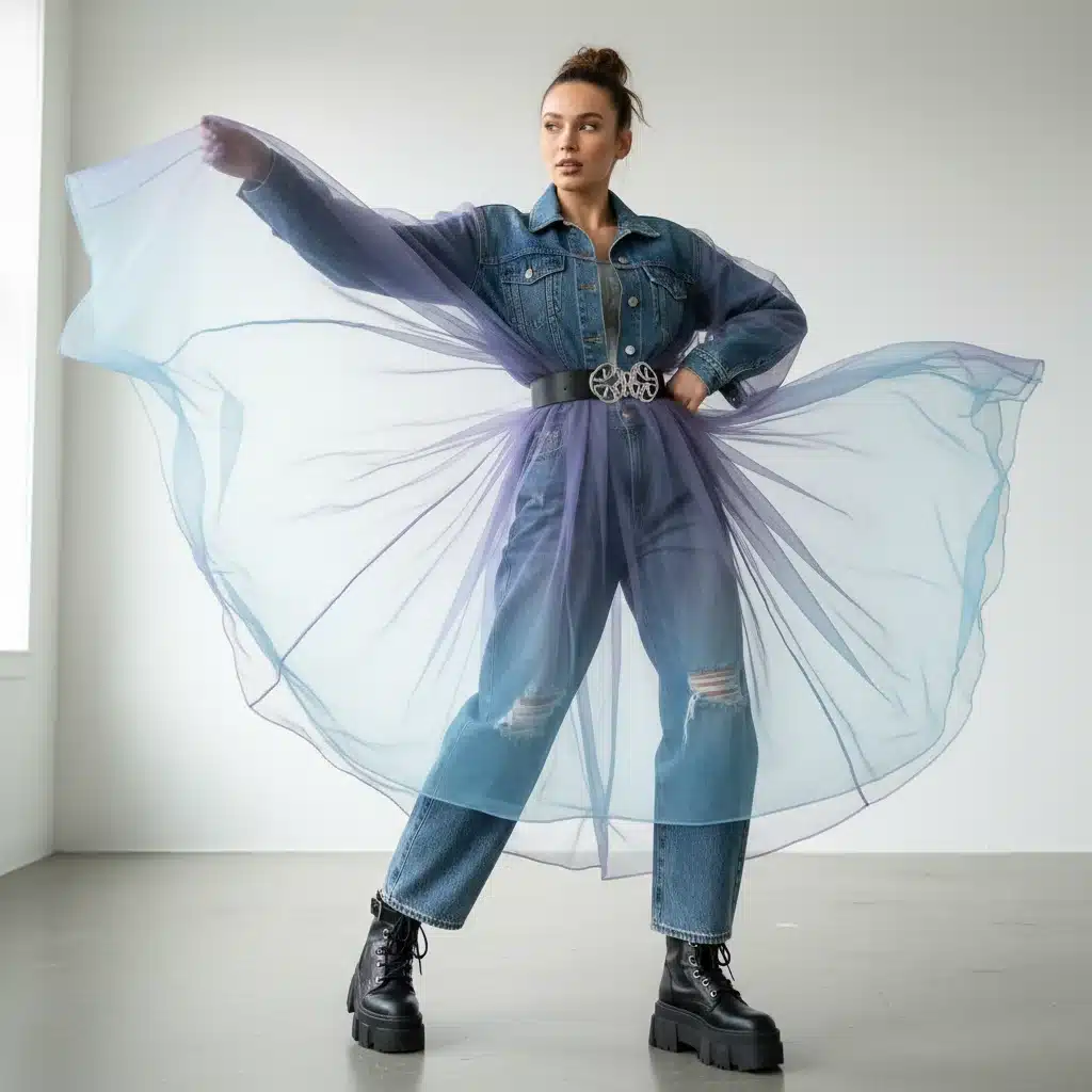 Individual layering sheer tunic over denim with platform boots, showcasing versatile styling