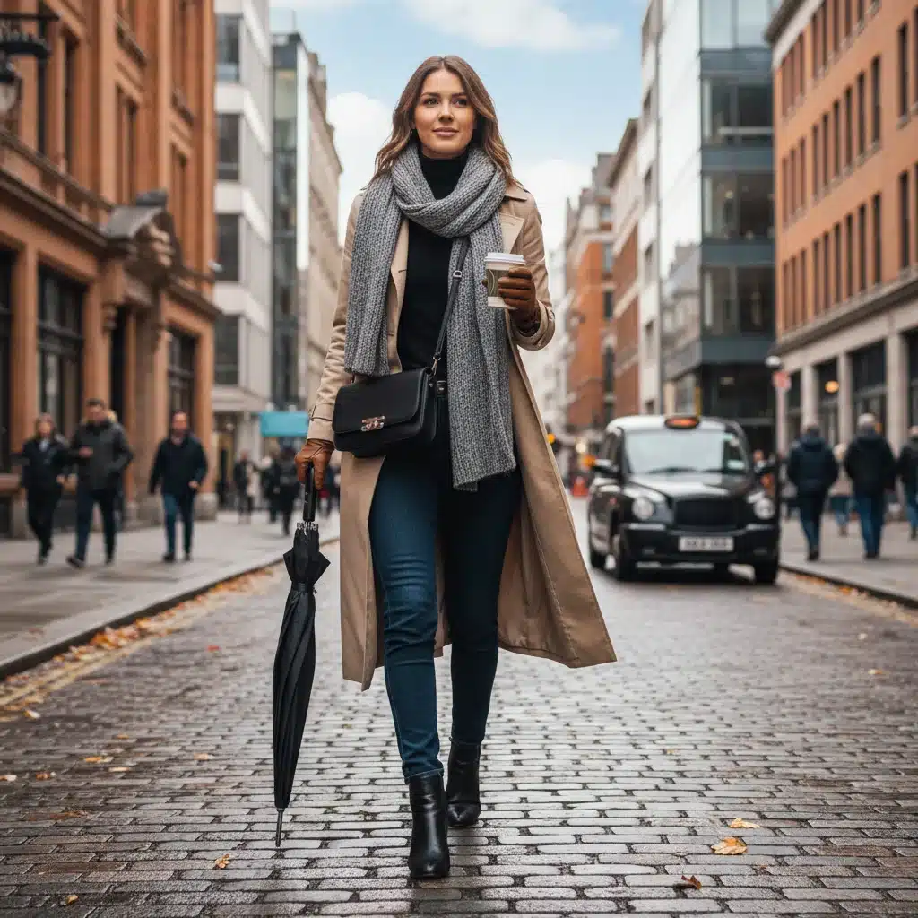 Stylish individual layering a trench coat over a turtleneck and jeans, demonstrating adaptable capsule wardrobe fashion.