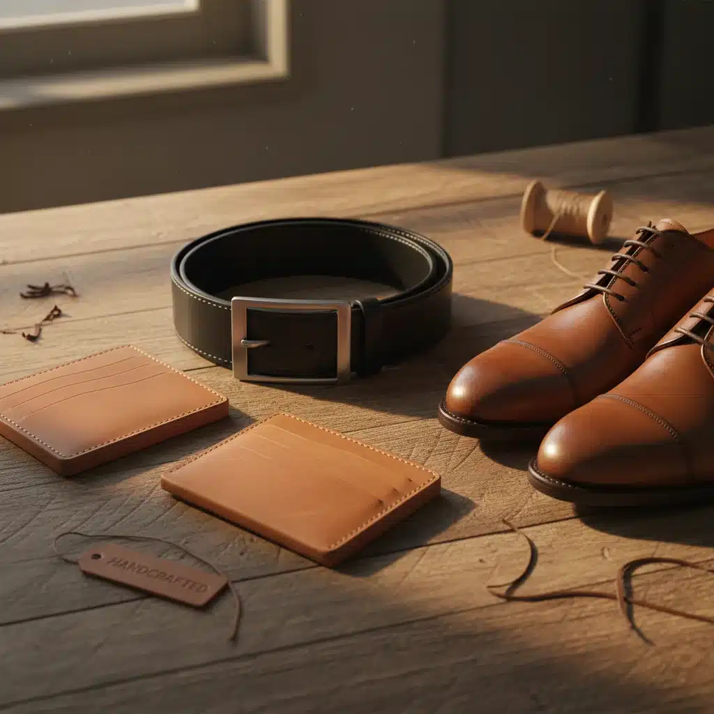 Assortment of essential leather accessories: belt, shoes, and wallet