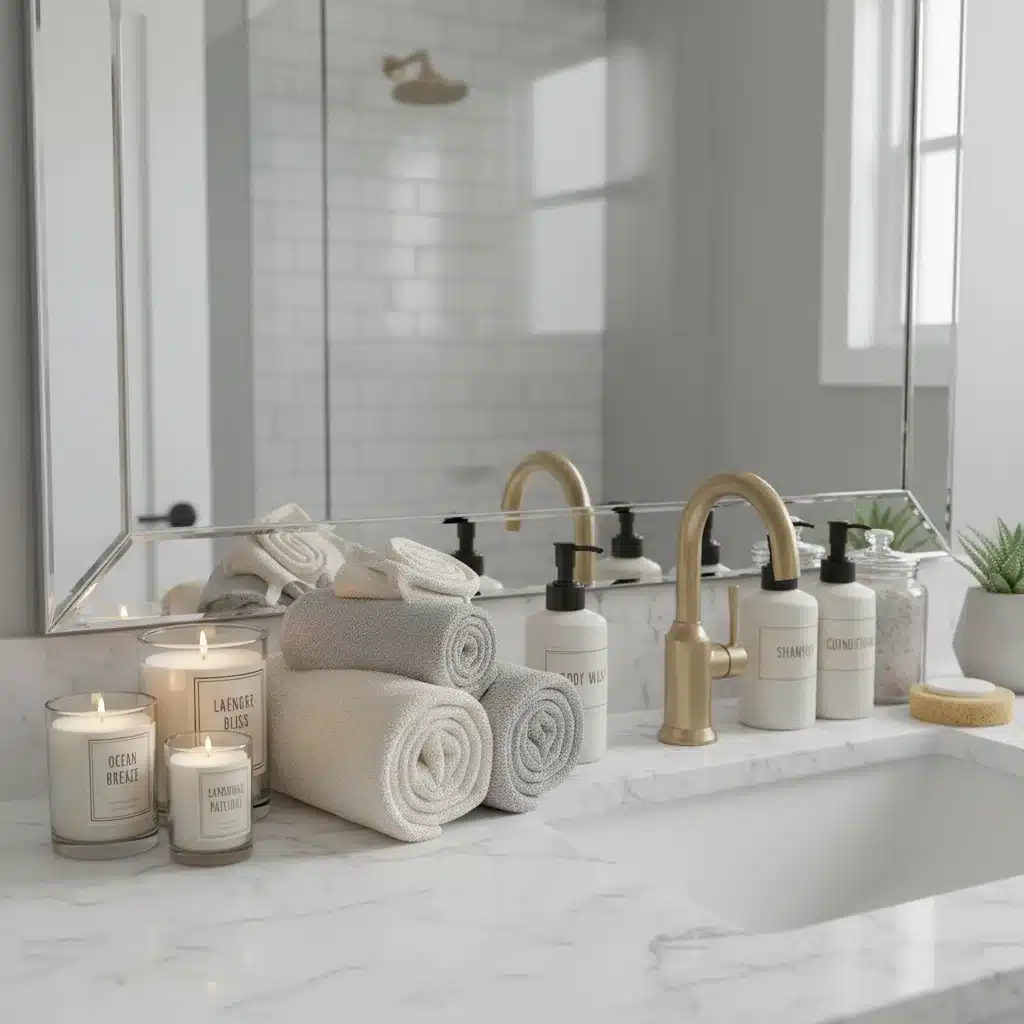 Luxurious bathroom counter with soft bath towels and elegant toiletries