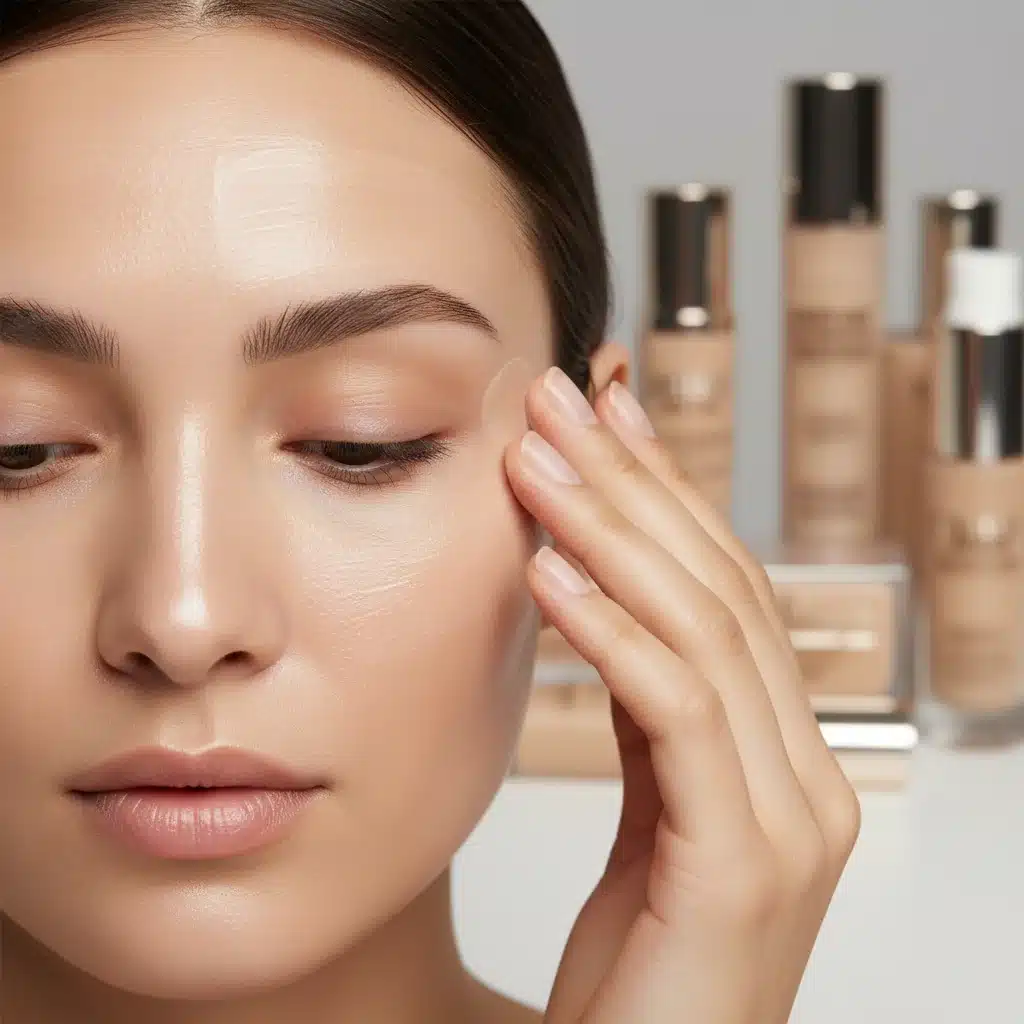 Woman applying mattifying primer to T-zone for combination skin
