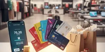 Loyalty program cards, smartphone with rewards app, and shopping bags symbolizing maximized points and financial gain.
