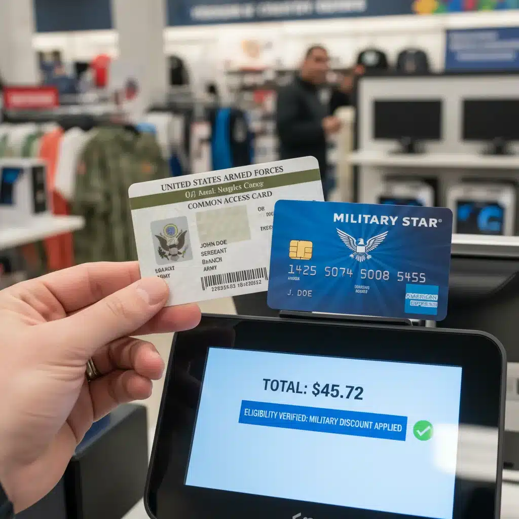 Military ID card being presented at checkout for discount verification
